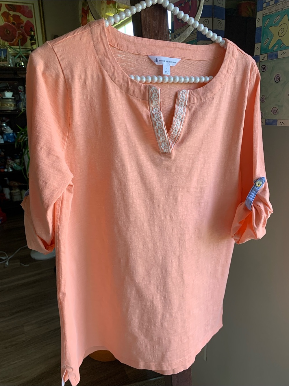 Brooks Brothers Peach Split-Neck Roll-Tab Tunic Size M